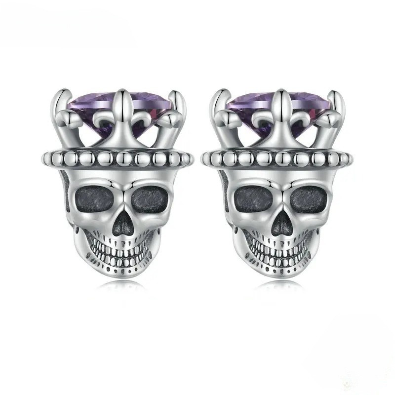 Boucles d'oreilles Tête de Mort Skull King pour femme - Argent Sterling 925 véritable