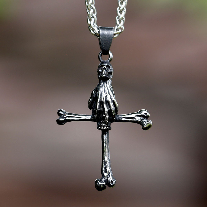 Pendentif Collier Tête de Mort Dragon Gothique Croix de la Mort