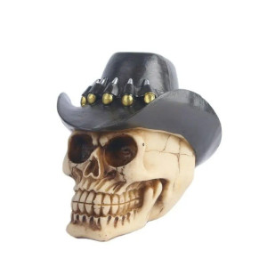 Magnifique Tête de Mort en Résine Skull Cowboy à Balles Dorées