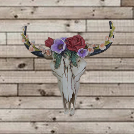 Crâne de Vache Floral en Résine - Décoration Murale Fleurie