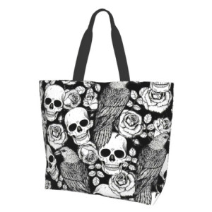 Sac Fourre-Tout Gothique Têtes de Mort et Roses en Noir et Blanc