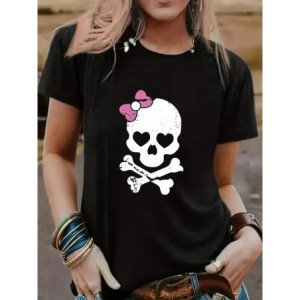 T-shirt Tête de Mort Rock Noeud Rose