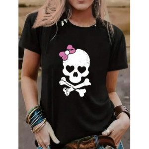 T-shirt Tête de Mort Rock Noeud Rose Couleur Noir