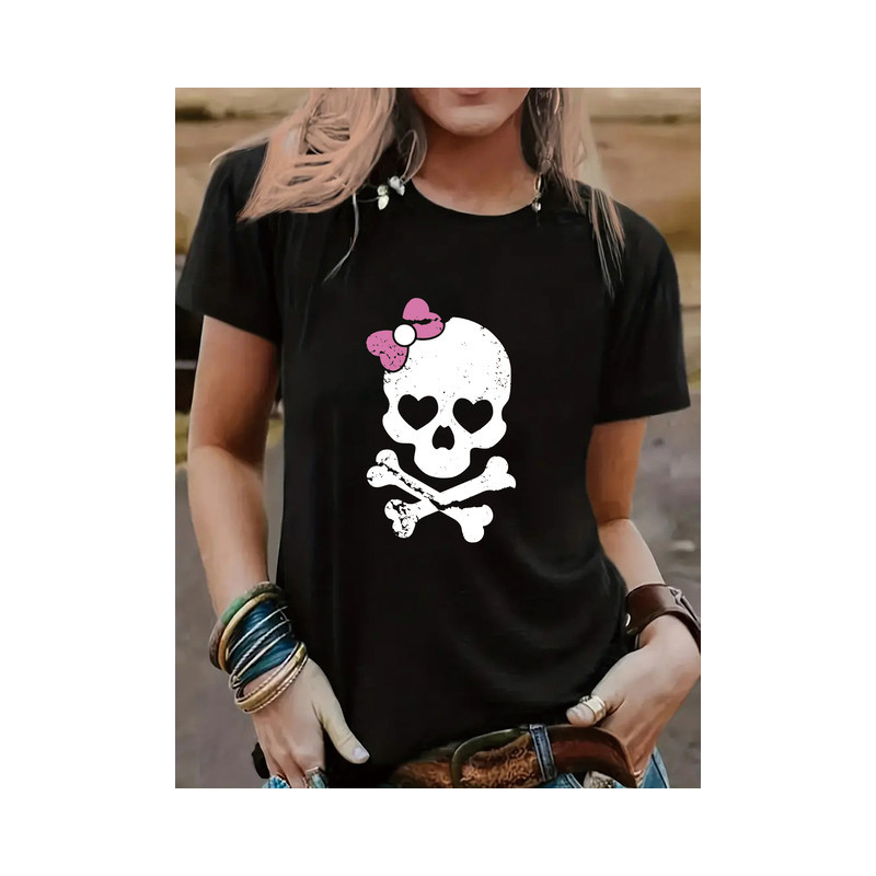 T-shirt Tête de Mort Rock Noeud Rose Couleur Noir