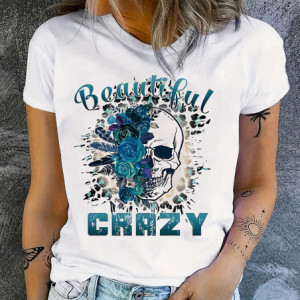 T-shirt Tête de Mort et Rose Crazy Beautiful