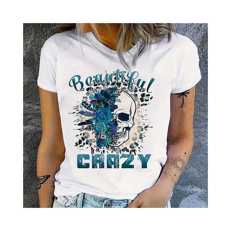 T-shirt Tête de Mort et Rose Crazy Beautiful COuleur Blanc Motif Bleu