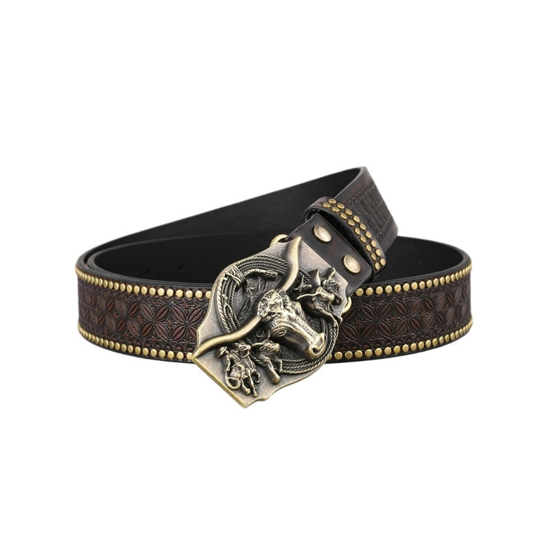 Ceinture Western Sombre avec Boucle Crâne de Cow-boy Vieilli - Modèle 120cm