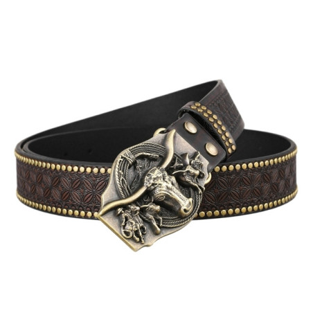 Ceinture Western Sombre avec Boucle Crâne de Cow-boy Vieilli - Modèle 110cm