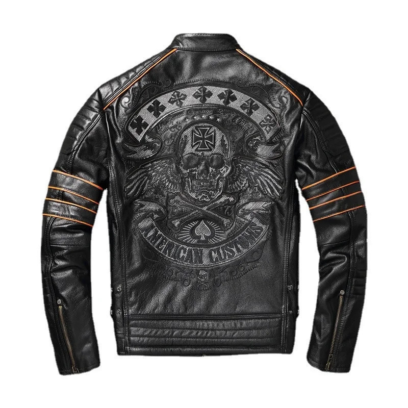 Vue détails arrière Veste Tête de Mort Biker Motard motif Crâne et Croix de Fer American Customs