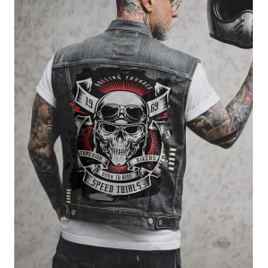 Sur Veste Tête de Mort en Jeans Denim Biker "Superior Bikers 1969 - Born To Ride - Speed Trials"