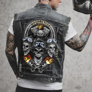 Sur Veste Skull Denim Biker "Motorcycle Custom - Road Performance" !