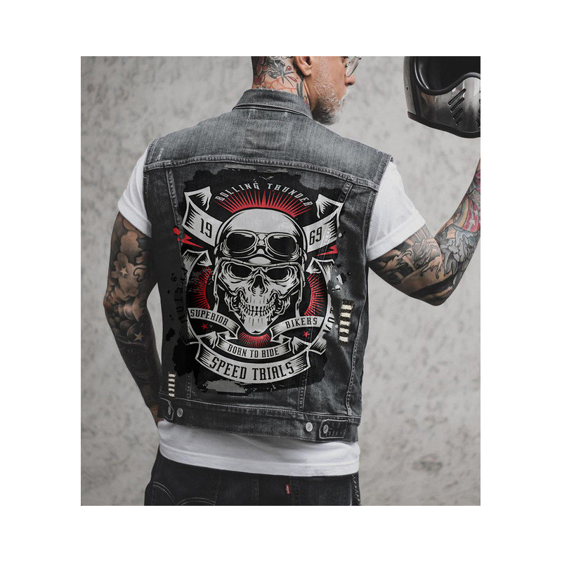 Sur Veste Tête de Mort en Jeans Denim Biker "Superior Bikers 1969"!