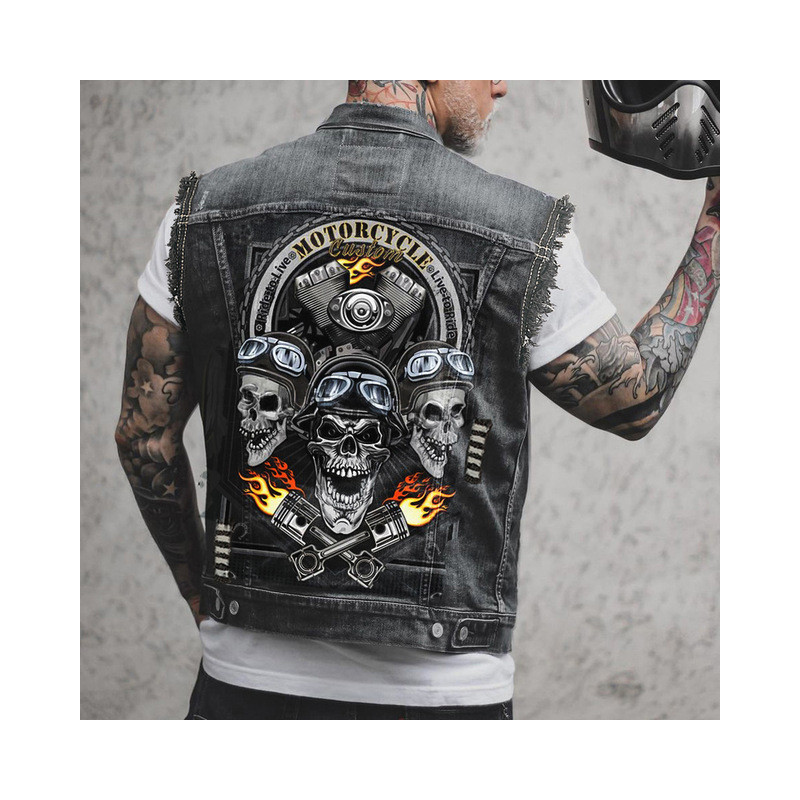 Sur Veste Tête de Mort en Jeans Denim Biker "Motorcycle Custom - Road Performance"