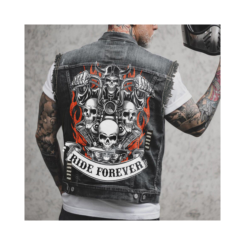 Sur Veste Tête de Mort en Jeans Denim Biker "Ride Forever"