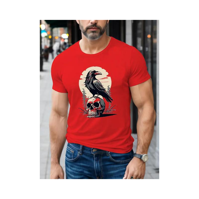 T-shirt Homme Corbeau et Crâne Couleur Rouge