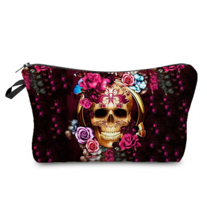 Trousse à Maquillage Tête de Mort à Motif Crâne en Or et Roses