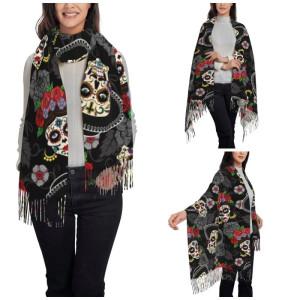 Vue complète de l'Écharpe Tête de Mort Pashmina Crâne Mexicain à franges - 72x197cm