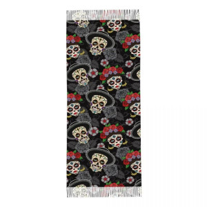 Détails Écharpe Tête de Mort Pashmina Crâne Mexicain à franges - 72x197cm