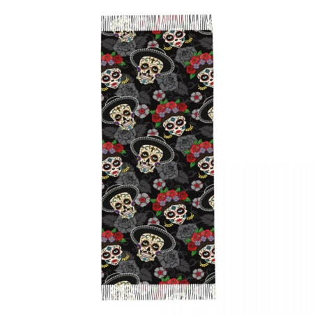 Détails Écharpe Tête de Mort Pashmina Crâne Mexicain à franges - 72x197cm