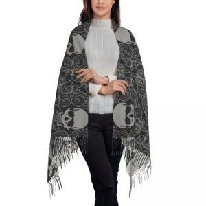 Vue Complète Écharpe Tête de Mort Pashmina Crâne Gothique Chic à franges - 72x197cm