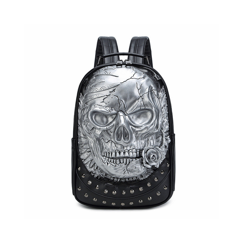 Grand Sac à Dos Tête de Mort  à Motif Grand Crâne Goth à la Rose Argent