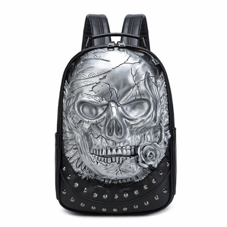Grand Sac à Dos Tête de Mort  à Motif Grand Crâne Goth à la Rose Argent