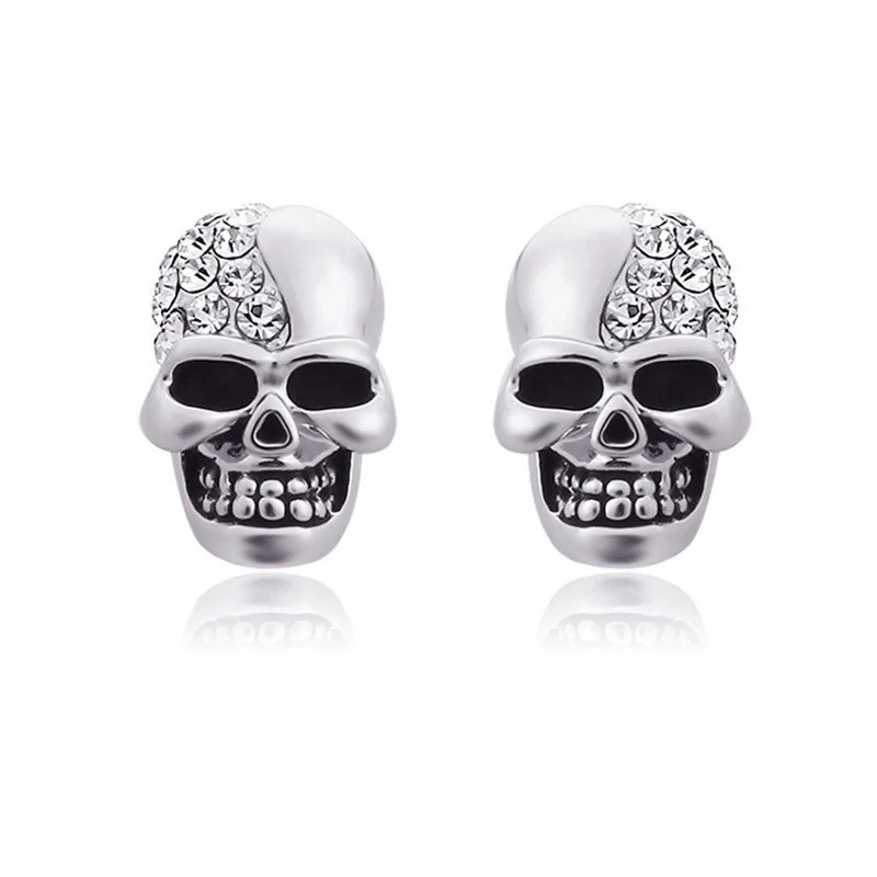 Boucles d'Oreilles Tête de Mort Strass - Couleur Argent