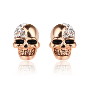 Boucles d'Oreilles Tête de Mort Strass - Couleur Or Rose