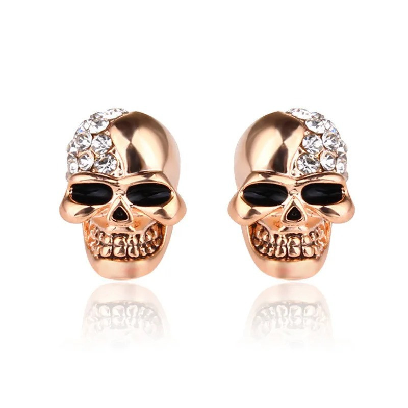 Boucles d'Oreilles Tête de Mort Strass - Couleur Or Rose
