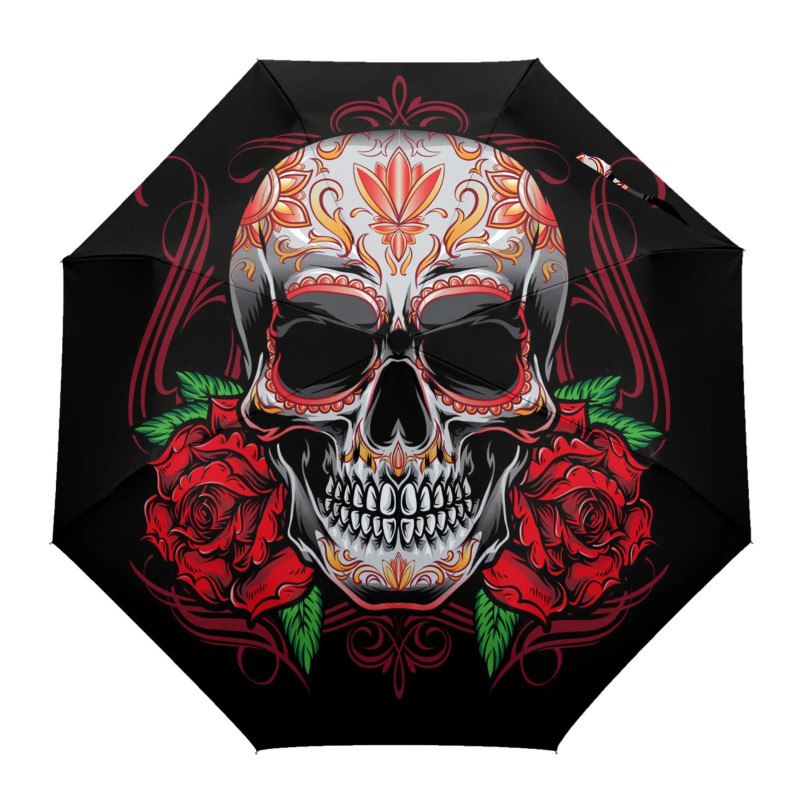 Parapluie Tête de Mort Parapluie Pliable Crâne et Roses