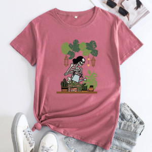 T-shirt Tête de Mort Jardinière Jardin Botanique Rose Fonce