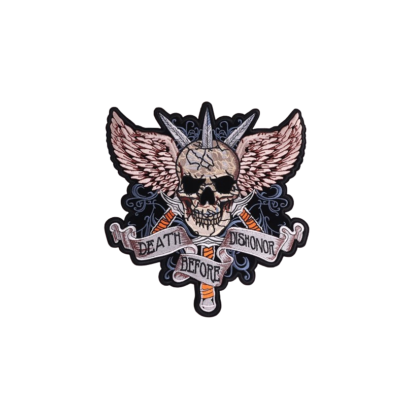 Patch Brodé Tête de Mort Biker "Death before Dishonor" - 28cm x 30 cm