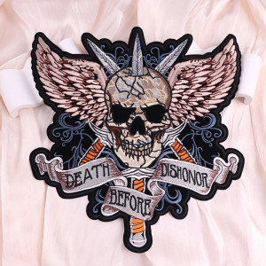 Patch Brodé Tête de Mort Biker "Death before Dishonor" - 28cm x 30 cm