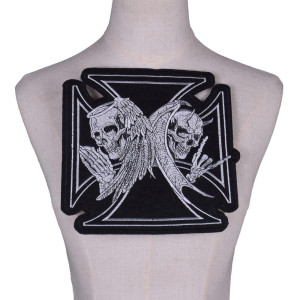 Grand Patch Tête de Mort Ange et Démon sur Croix de Fer - 21 x 20.5 cm