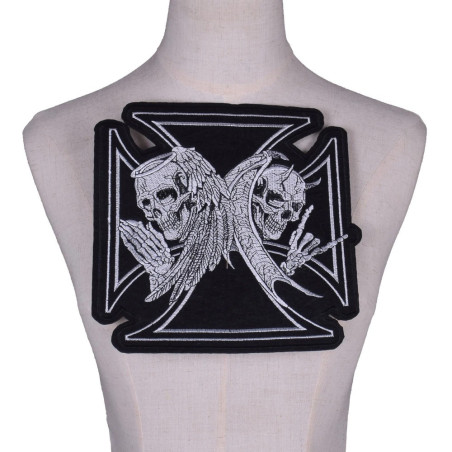 Grand Patch Tête de Mort Ange et Démon sur Croix de Fer - 21 x 20.5 cm