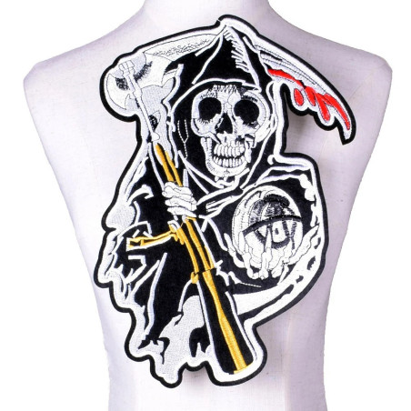 Grand Patch Brodé Tête de Mort Motard Faucheuse "The Reaper" - 29 cm x 29cm