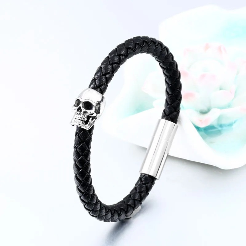 Bracelet Tête de Mort Punk Rock Petit Skull et Cuir