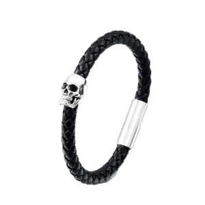 Magnifique Bracelet Tête de Mort Punk Rock Petit Skull et Cuir