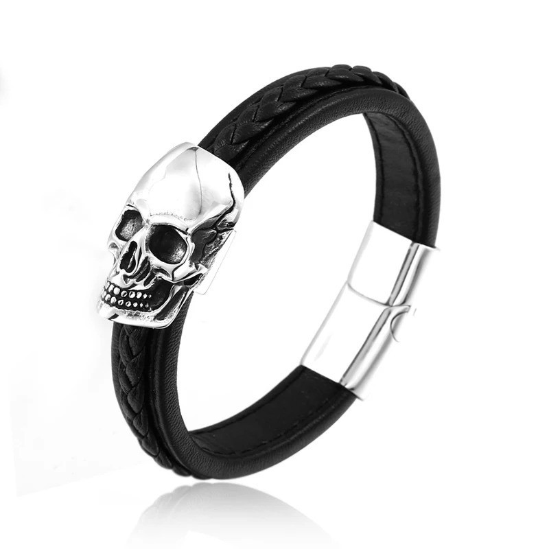 Magnifique Bracelet Tête de Mort Grand Skull et Cuir