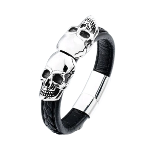 Vue complète du Bracelet Tête de Mort Grand Skull et Cuir -2 modèles au choix !