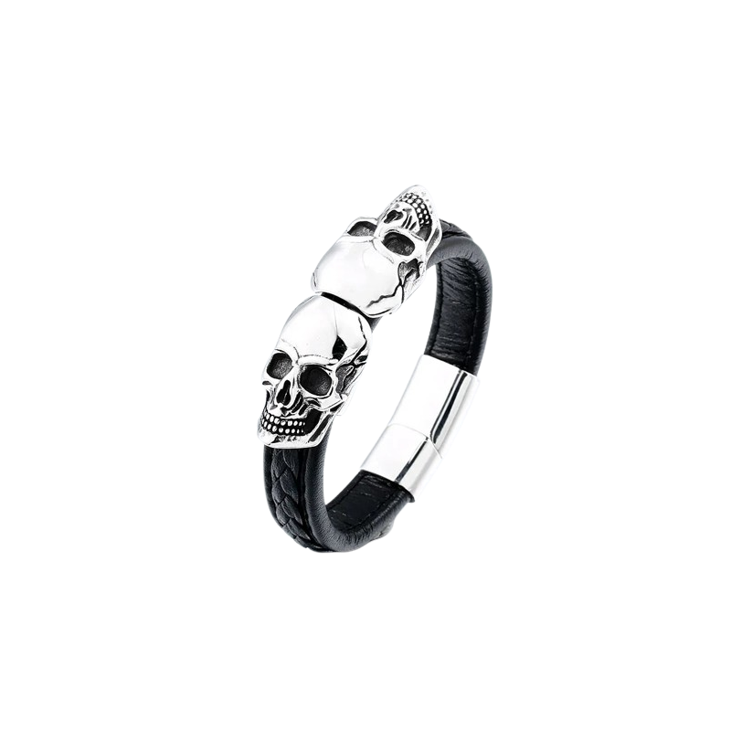 Vue complète du Bracelet Tête de Mort Grand Skull et Cuir -2 modèles au choix !