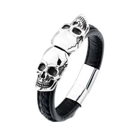 Vue complète du Bracelet Tête de Mort Grand Skull et Cuir -2 modèles au choix !