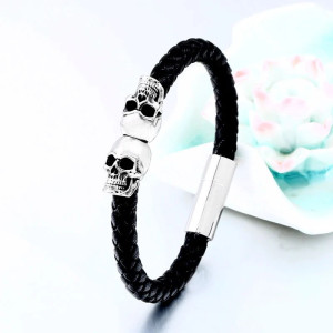 Magnifique Bracelet Tête de Mort Punk Rock Double Skull