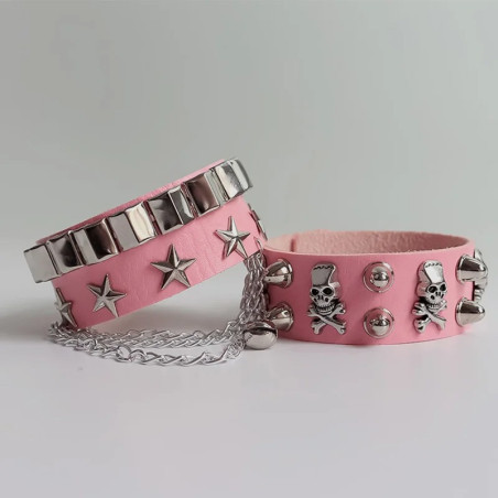 Bracelet Tête de Mort Punk Rock Double avec Crânes et étoiles couleur rose