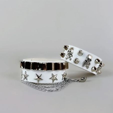 Bracelet Tête de Mort Punk Rock Double avec Crânes et étoiles couleur blanc