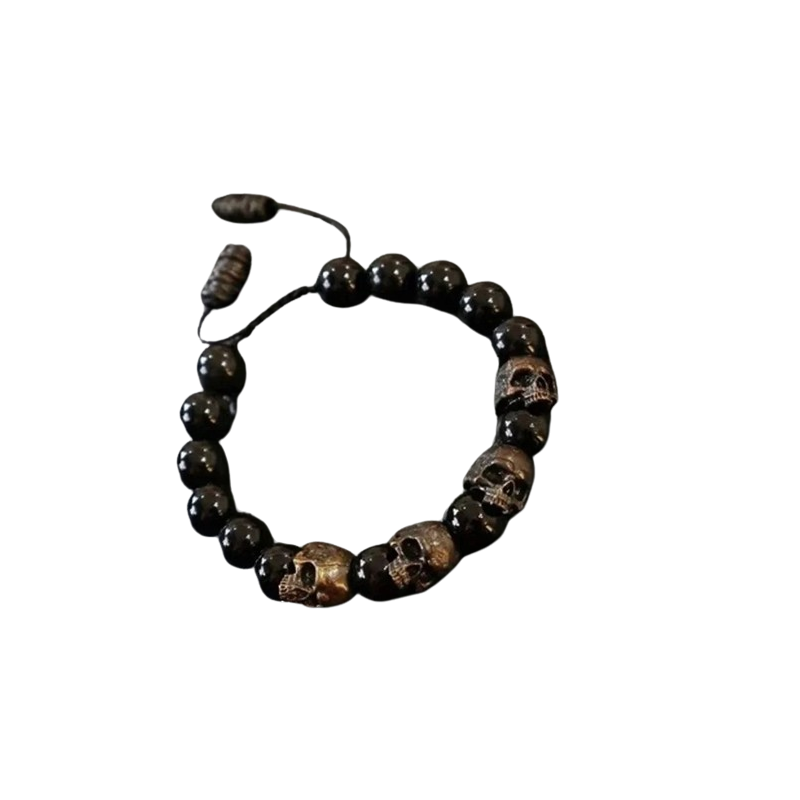 Bracelet Tête de Mort Crânes et Perles Noires