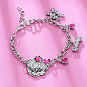 avant Bracelet Tête de Mort Gothique Chic Girly Crâne Noeud Rose avec breloques