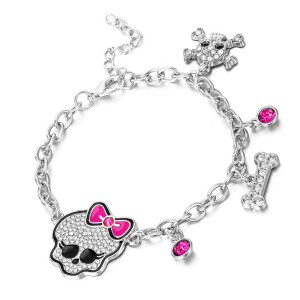 Bracelet Tête de Mort Gothique Chic Girly Crâne Noeud Rose avec breloques