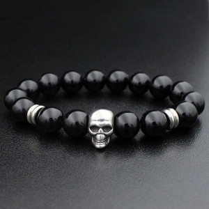 Bracelet Tête de Mort Crâne en acier inoxydable avec perles en pierre naturelle modèle noir
