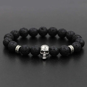 Bracelet Tête de Mort Crâne en acier inoxydable avec perles en pierre naturelle modèle pierres noires